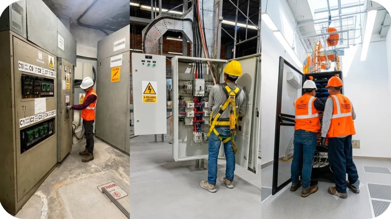 Técnicos de Electrotel trabajando en instalaciones eléctricas y cableado estructurado